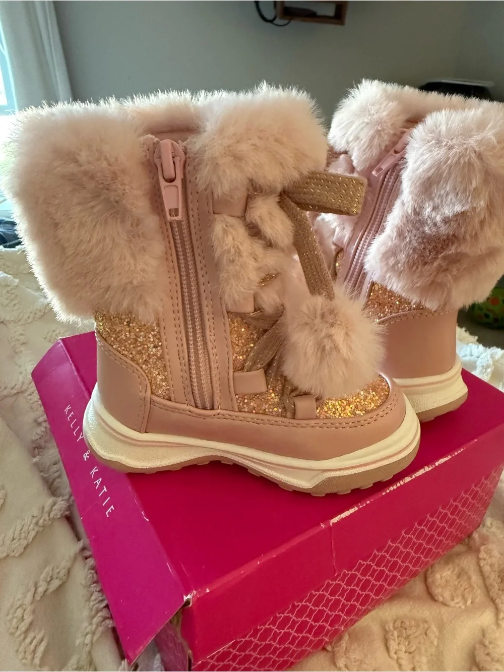 Toddler Pink Glitter Pom Pom Winter Boots